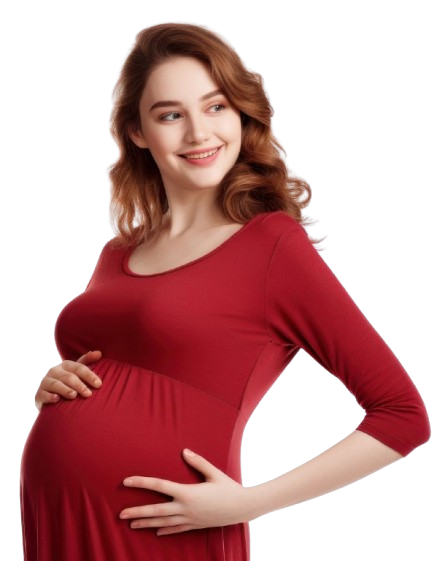 Smiling pregnant woman in red dress